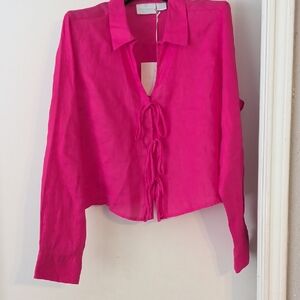 Cynthia Rowley Hot Pink Tie-Front Button Down Linen Shirt